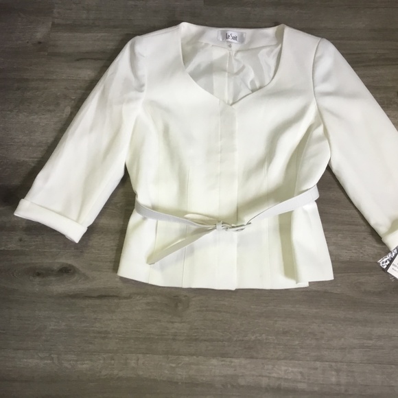 LE SUIT Winter White two piece belted suit jacket and midi skirt suit size 8 NWT - Picture 4 of 12